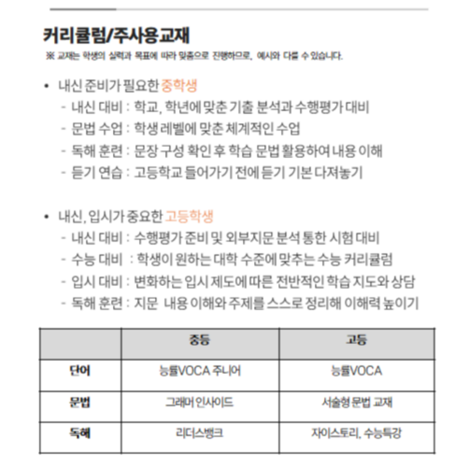 영어 커리큘럼과 주사용 교재 안내